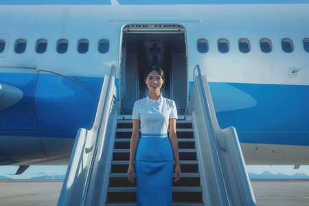 A friendly flight attendant stands on the steps of a plane, ready to greet passengers as they board for their journey.の素材