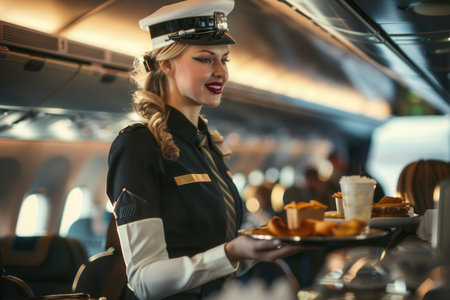 The flight attendant serves a tray of meals to passengers while navigating the airplane aisle.の素材