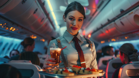 A flight attendant presents a tray of snacks and drinks to passengers in a bustling airplane cabin under soft, colorful lighting.の素材