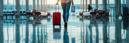 A flight attendant maneuvers through the bustling airport terminal, pulling red luggage while preparing for the next flight.の素材