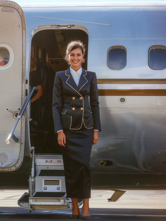 A flight attendant in a stylish uniform disembarks from a private jet, ready to assist passengers at the airport under a clear sky.の素材