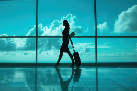 A flight attendant walks confidently with her suitcase in an airport, framed by bright reflections and clouds outside the expansive windows.の素材