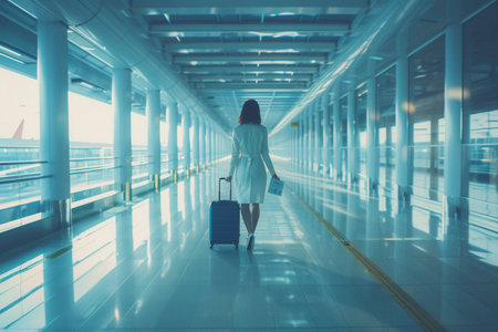 A flight attendant strolls confidently through a bright airport terminal, pulling a blue suitcase as the sun sets in the background.の素材