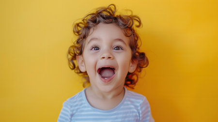 A cheerful toddler with curly hair beams with a wide smile, radiating joy against a vibrant yellow backdrop on a sunny day.の素材