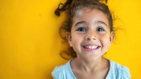 A cheerful young girl beams with joy, showcasing her bright blue eyes and curly hair against a lively yellow backdrop.の素材