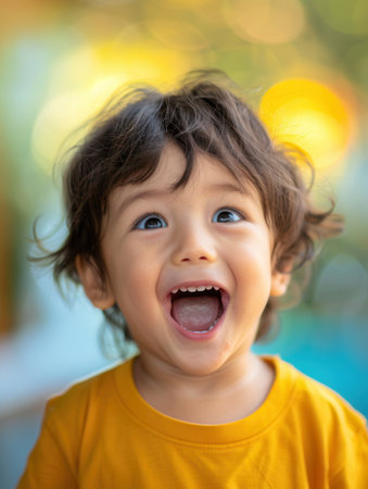 A cheerful young child wearing a yellow shirt shows excitement outdoors, enjoying the warmth and brightness of a lovely day.の素材
