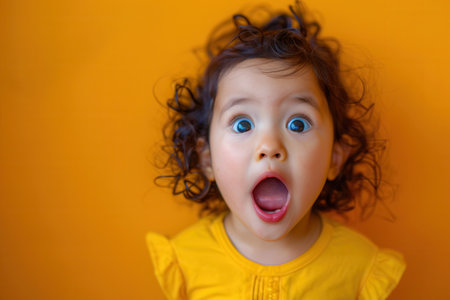 A young child with curly hair is exhibiting surprise, her mouth open wide, in front of a bright orange backdrop.の素材