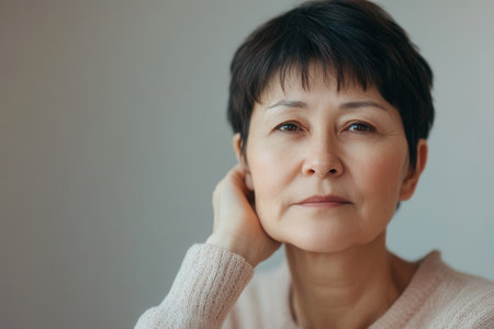 A woman with short, dark hair sits quietly in a sunny room, her thoughtful gaze expressing introspection and calmness, conveying a moment of peace.の素材
