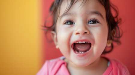 A cheerful toddler beams with happiness, showcasing a large smile while surrounded by vibrant colors in a playful atmosphere.の素材