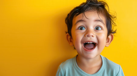 A delighted little boy shows his happy expression with a big smile, showcasing his excitement in front of a vivid yellow backdrop.の素材