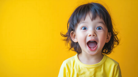 A young child with curly hair is joyfully smiling and displaying excitement while wearing a yellow shirt.の素材