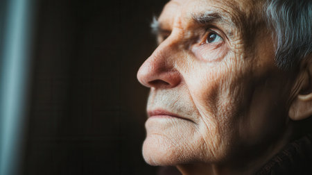 An elderly man contemplates life, staring into the distance with a thoughtful expression, illuminated by soft morning light through his window.の素材