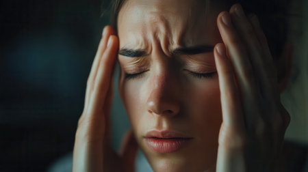 A person with closed eyes holds their head with both hands, clearly overwhelmed by feelings of stress and anxiety in a dark space.の素材