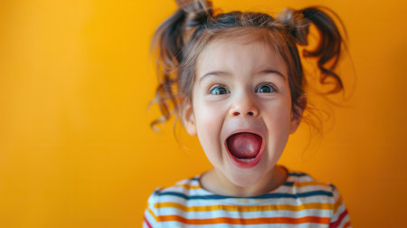 A young child shines with happiness, smiling broadly against a vibrant orange background, displaying playful energy and delight.の素材
