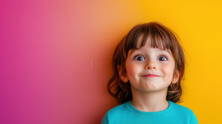 A child with curly brown hair beams with delight against a vibrant gradient backdrop, embodying youthful joy and curiosity.の素材