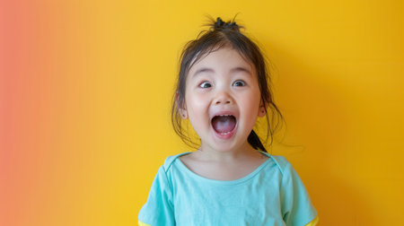 A young girl expresses pure joy, displaying a big smile while standing in front of a bright yellow background indoors.の素材