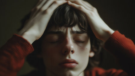 A young individual sits silently, eyes shut and hands on their head, conveying feelings of stress and anxiety in a dark space.の素材
