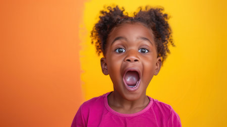 A young girl with curly hair joyfully shouts in delight, set against a bright orange and yellow backdrop during a playful moment.の素材