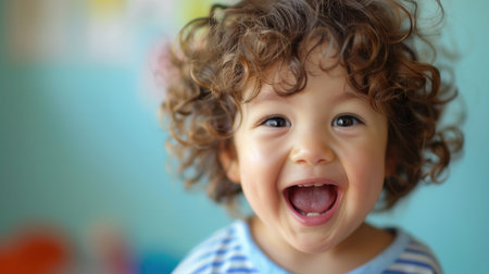 A joyful young child with curly hair beams with laughter while surrounded by bright colors, showcasing pure happiness.の素材
