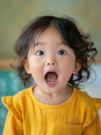 A young child with curly hair enthusiastically shows excitement indoors, wearing a cheerful yellow outfit, illuminated by soft daylight.の素材