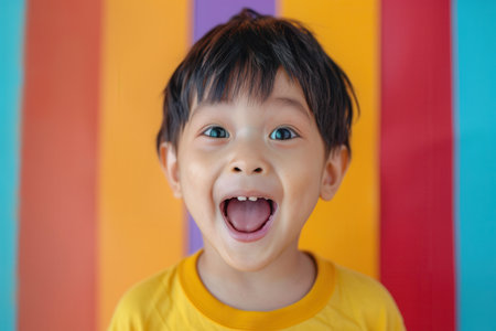 A young child expresses excitement and happiness with a big smile, standing in front of vibrant, multicolored stripes.の素材