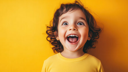 A young boy with curly hair beams with joy, expressing excitement and happiness against a vibrant yellow background.の素材