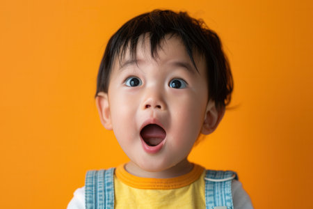 A young child with dark hair and big eyes shows delight and surprise while standing in front of an orange backdrop.の素材