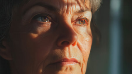 An older woman sits quietly, contemplating as sunlight streams through the window, casting gentle shadows across her reflective face and highlighting her features.の素材