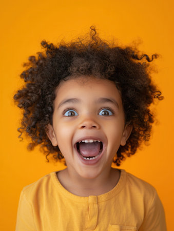 A young child with curly hair expresses joy and excitement, showcasing a wide smile in a warm, colorful room.の素材
