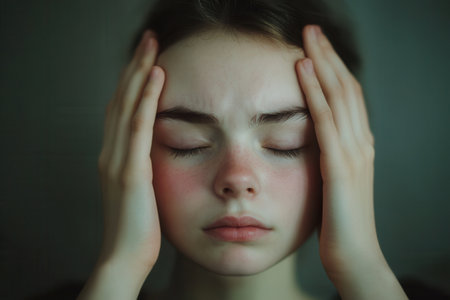 A youth with closed eyes and hands resting on their head expresses feelings of stress and anxiety in a serene, softly lit space.の素材