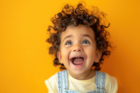 A joyful young child with curly hair beams with delight, surrounded by a striking yellow backdrop in a cheerful environment.の素材