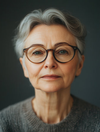 An elderly woman with a calming presence looks directly at the viewer, her gray hair neatly styled and glasses perched on her nose, radiating wisdom and serenity.の素材