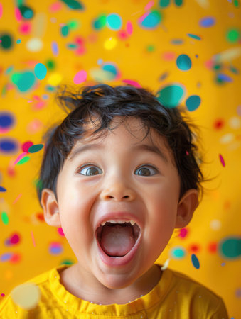 A young child joyfully expresses excitement while colorful confetti falls around them, set against a bright yellow background.の素材