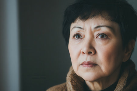 An elderly woman sits quietly, looking out a window with a contemplative expression, illuminated by gentle morning light as she reflects on her thoughts.の素材