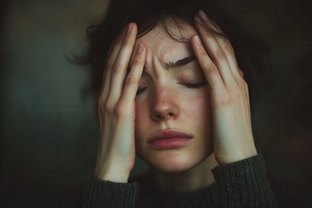 The young woman feels overwhelmed, with her hands held tightly on her head and eyes shut in a dimly lit environment, signifying stress.の素材