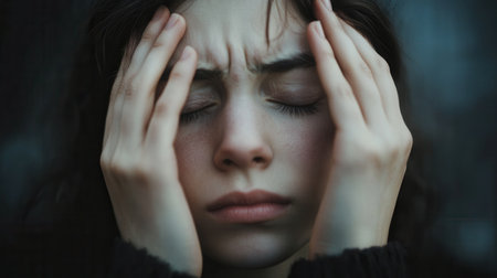 With hands on the head and eyes shut, the person conveys deep stress and anxiety, capturing a moment of overwhelming emotions and tension.の素材