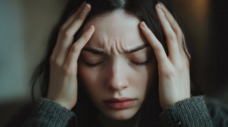 The woman appears troubled, with her hands on her head and eyes shut tightly, conveying her struggle with overwhelming thoughts and emotions.の素材