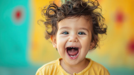 A cheerful young child with curly hair is laughing loudly, surrounded by vibrant colors that create a joyful atmosphere.の素材