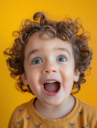 A young boy with curly hair expresses excitement with a big smile, surrounded by a sunny yellow background, radiating happiness.の素材
