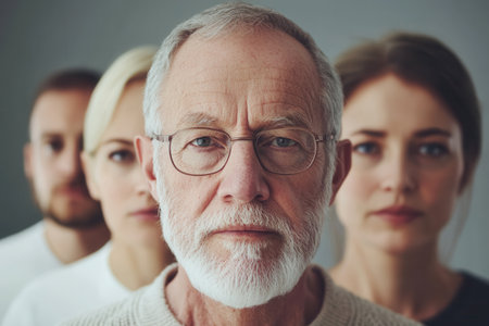 Four adults stand closely together in a minimalist indoor environment, expressing various emotions while maintaining a serious demeanor and direct gaze.の素材