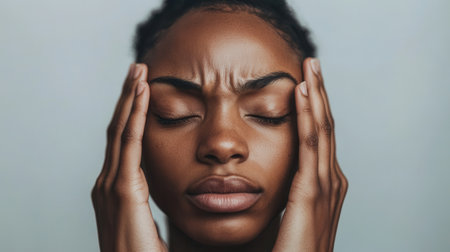 This young individual with closed eyes shows signs of stress and anxiety, resting hands on their head in a tranquil indoor environment.の素材