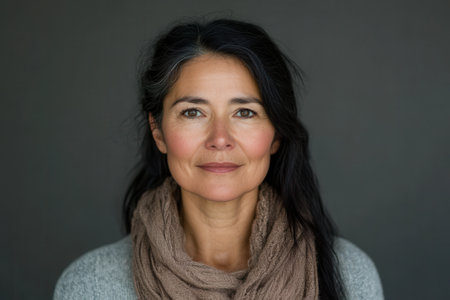 A woman with long dark hair and a friendly expression stands confidently against a dark background, wearing a warm sweater and scarf for comfort.の素材