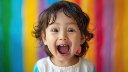 A young child with curly hair expresses delight with a wide smile against colorful striped background.の素材