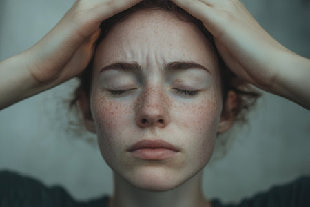 The young woman sits with her eyes closed, hands on her head, reflecting deep stress and anxiety in a soft, muted light.の素材