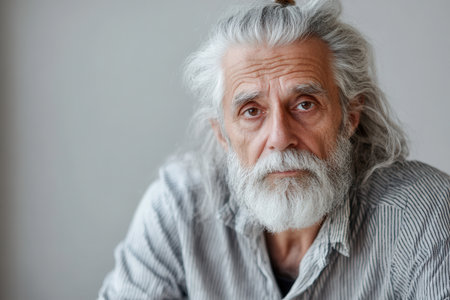 An elderly man with long gray hair and a full beard sits indoors, gazing thoughtfully towards the camera in soft natural light.の素材