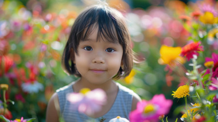 Joy fills the air as a young girl stands happily among a flourishing garden of assorted flowers on a bright sunny day.の素材