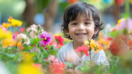 A joyful young child plays amidst a lush flower garden, smiling brightly while surrounded by colorful blossoms and nature.の素材