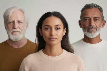 Three individuals stand side by side against a light background, each displaying unique features and expressions, highlighting diversity and togetherness.の素材