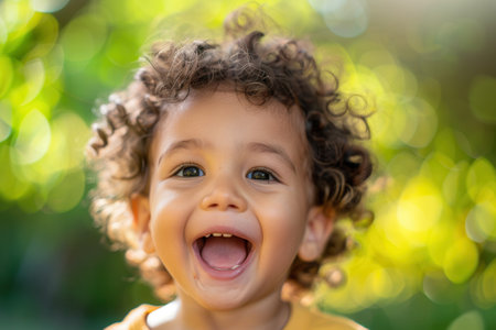 A young child with curly hair beams with joy while playing in a lush green garden filled with sunlight and vibrant colors.の素材