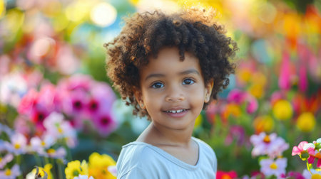A young child with curly hair smiles brightly while surrounded by colorful flowers in a garden, enjoying the warm sun.の素材